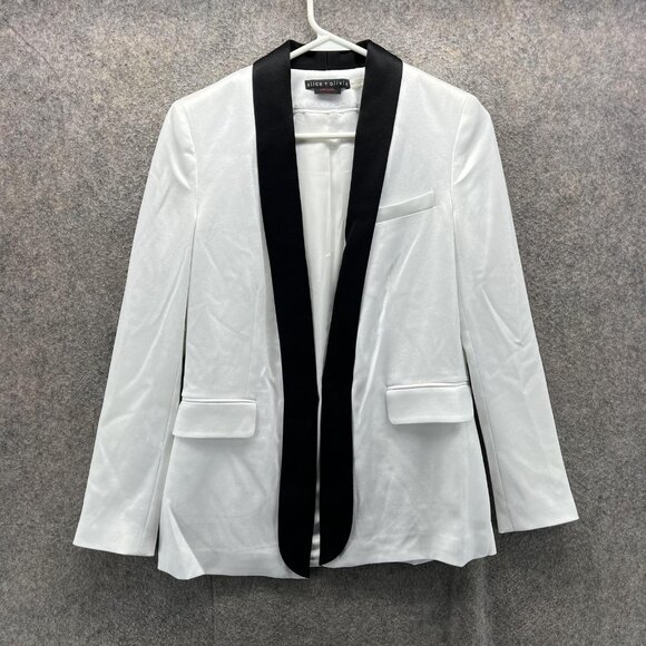 Alice + Olivia Blazer Womens 2 White Black Tuxedo Jacket Shawl Collar Satin - Picture 1 of 9